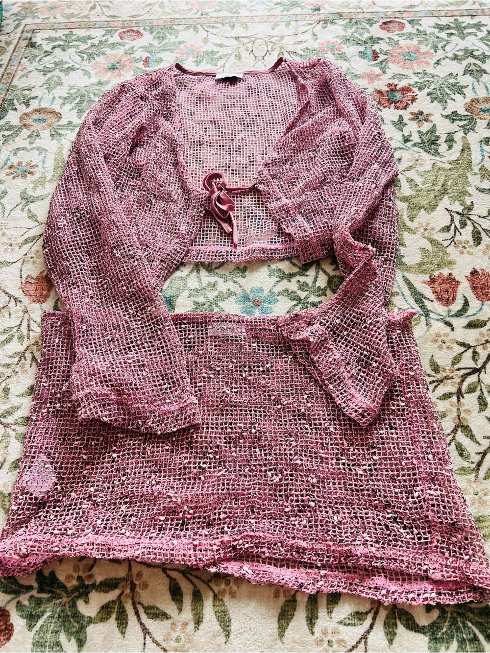 Outcast Crochet Open Knit Cardigan and Skirt Set Large Pink